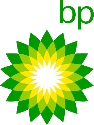 BP logo featuring a green and yellow geometric flower design with lowercase 